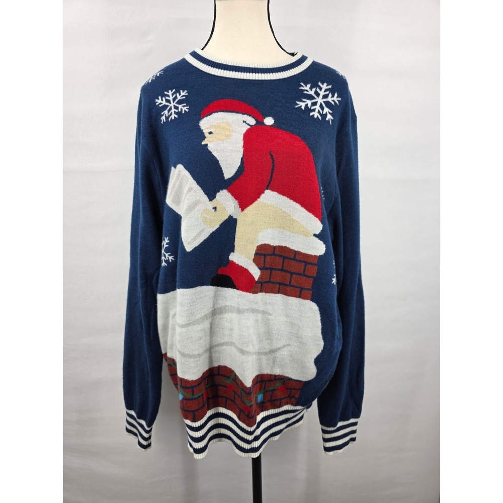 Tipsy Elves Mens Santa on Chimney Ugly Christmas Sweater Navy Blue XL 2740